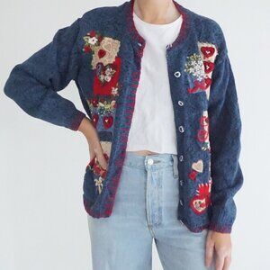 Vintage Heirloom Collectibles Blue Heart Floral Patchwork Love Cardigan M